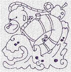 Redwork bear in light purple outline riding a barrel through cartoonish ocean waves, perfect for playful children's items.