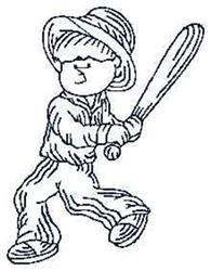 Redwork boy playing cricket, holding a bat and wearing a wide-brimmed hat in a playful stance.