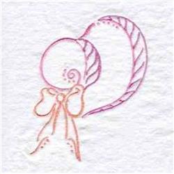 Redwork candy ornament adorned with delicate swirl patterns and a soft pink to peach gradient on textured white fabric.