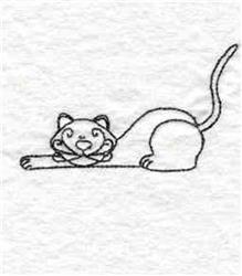 Redwork cat in a playful stretching pose, featuring a whimsical expression in simple line art.