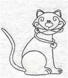 Redwork cat drawing with curly whiskers and a collar in a playful stance, showcasing cheerful expression.