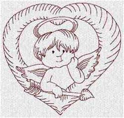 Redwork cherub with wings and halo, holding a bow inside a large heart, whimsical design for Valentine's Day.