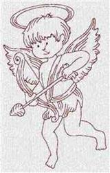 Redwork cherubic angel character with large wings, bow and arrow, and halo, perfect for Valentine's Day.