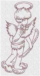 Redwork cherubic figure with wings and halo, holding a bow on clouds. Whimsical design perfect for Valentine's Day.