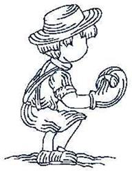 Redwork child wearing a whimsical straw hat, crouching with a baseball glove, showcasing playful outdoor fun.