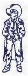 Redwork cowboy in line art stands proudly with a large cowboy hat, bandana, and long coat, embodying the western theme.