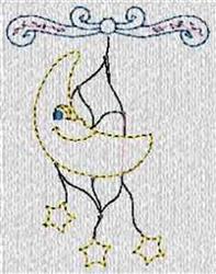 Redwork crescent moon with a blue eye, smiling face, and hanging stars, ideal for playful nursery decor.