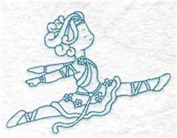 Redwork dancer in a split position with floral accents, light blue outline on textured white, playful style.