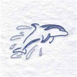 Redwork dolphin jumping out of water, outlined in blue thread on textured white background, minimalistic style.