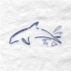 Redwork dolphin in mid-leap with elegant blue outlines, splashing water on a light fabric background.