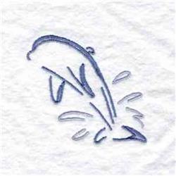 Redwork fish design with simple line art, soft blue hue, and water splash details on a textured white background.