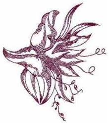 Redwork floral design featuring elegant burgundy flowers with elongated petals, swirling leaves, and delicate vines.