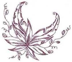 Redwork floral design featuring a central flower, elongated leaves, and swirling vines in rich burgundy.