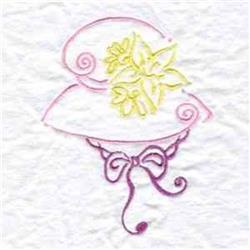 Redwork floral hat in light pink with delicate yellow flowers and a lavender bow, evoking springtime charm.