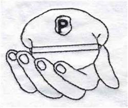 Redwork design featuring hands cradling a rounded object with a letter 'P', in bold line art.