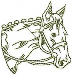 Redwork horse head outline featuring serene expression, detailed bridle, and flowing mane in soft green.