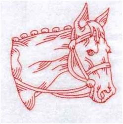 Redwork horse's head outline with bridle, featuring smooth red thread stitching on a white background.