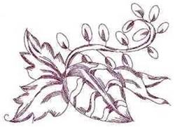 Redwork leaf design with prominent veins, entwined vine, and small buds in elegant deep reddish hue.