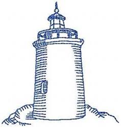 Redwork lighthouse featuring a tall tower, textured horizontal lines, blue light, and rocks in a simple line art style.