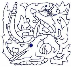 Redwork octopus entwined with a skull, detailed line art with flames in blue and white, perfect for nautical themes.