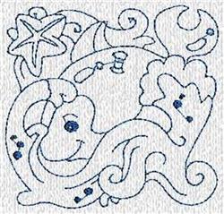 Redwork octopus with blue outlines, smiling and surrounded by ocean waves and a starfish.