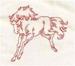 Redwork prancing horse outline in red thread, featuring a flowing mane and tail against a plain background.