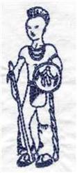 Redwork figure holding a shield and staff, outlined against a light fabric background for a clean aesthetic.