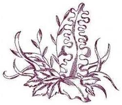 Redwork stylized plant design featuring wispy burgundy leaves and curvy vines, with delicate linear details.