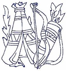 Redwork teepees in simple line art style, featuring minimalist outlines of arrows and leaves.