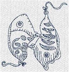 Redwork two whimsical fish intertwined in dark thread, featuring playful spots and swirls, designed in simple line art.