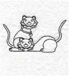 Redwork design featuring two stylized cats with playful expressions, illustrated in whimsical curved lines.