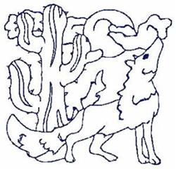 Redwork wolf howling at a crescent moon, surrounded by cacti in a simplistic line art style.