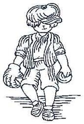 Redwork young boy in casual clothing, cheerful expression, holding a baseball and glove in clear line art.