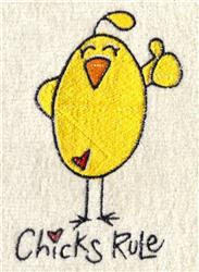 Whimsical yellow chick with a smiling face and thumbs up, 'Chicks Rule' text below, perfect for spring.