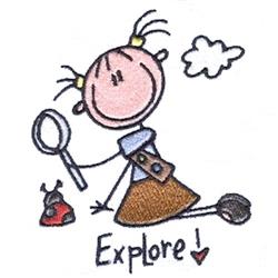 A young girl with a magnifying glass examines a ladybug, surrounded by a fluffy cloud in a playful scene.