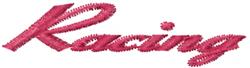 Playful cursive word 'Racing' in vibrant pink with highlighted stitching for sports embroidery.