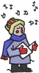 Cartoonish person singing in colorful winter clothing, wearing a hat, scarf, and mittens, surrounded by musical notes.