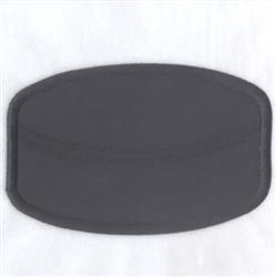 Applique oval shaped patch in dark color with smooth texture, featuring a minimalist design against a light background.