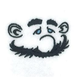 Cartoonish face with bushy beard and bright blue eyes, featuring a playful expression in bold black and white.