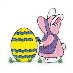 Cute bunny in a pink and purple outfit next to a yellow Easter egg with zigzags, set in green grass for springtime joy.