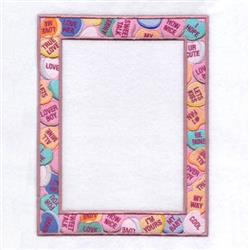 Frame with love-themed candies, colorful candy patterns, and a soft pink background, perfect for Valentine's Day.