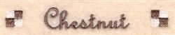 Elegant script 'Chestnut' in brown thread on a neutral background, flanked by decorative squares.
