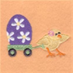 Playful chick in a green wagon pulling a purple Easter egg with flowers, perfect for festive decor.