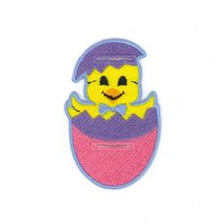 Cheerful chick peeks from a pink egg with a purple hat, perfect for playful Easter designs.