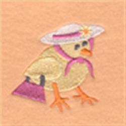 Playful chick with yellow feathers, a white hat, and purple scarf on a peach background, perfect for spring.