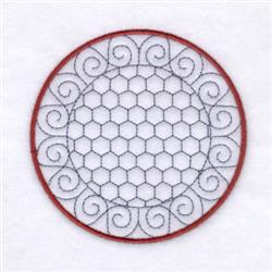 Circular decorative embroidery features a hexagonal pattern and graceful swirls, all in an intricate and delicate style.