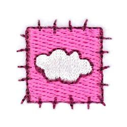 Playful cloud design with a fluffy white cloud in a bright pink stitched square, featuring a contrasting stitch border.