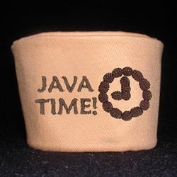 Tan coffee cup cozy featuring 'JAVA TIME!' in bold dark brown with a playful clock graphic.