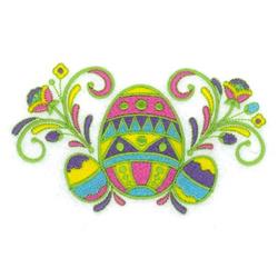 Decorative Easter egg with vibrant pink, blue, and green patterns, surrounded by colorful flowers and swirls. Perfect for fes