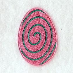 Embroidered egg in playful pink with green swirl, set on soft white fabric, perfect for Easter quilt squares.